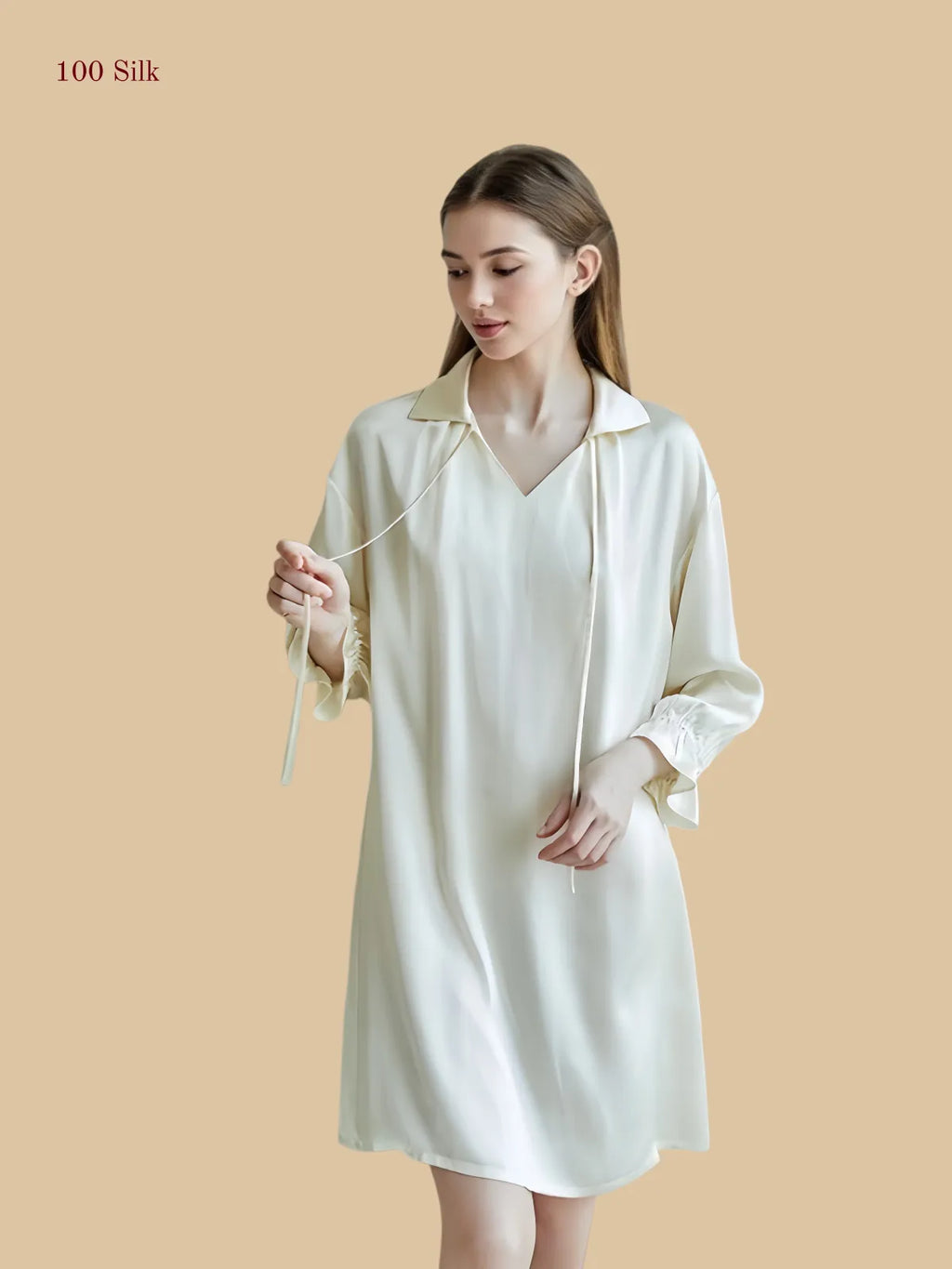 Off-white 16mm silk sleep dress front view with tie collar and loose long sleeves