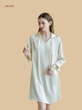 Off-white 16mm silk sleep dress front view with tie collar and loose long sleeves