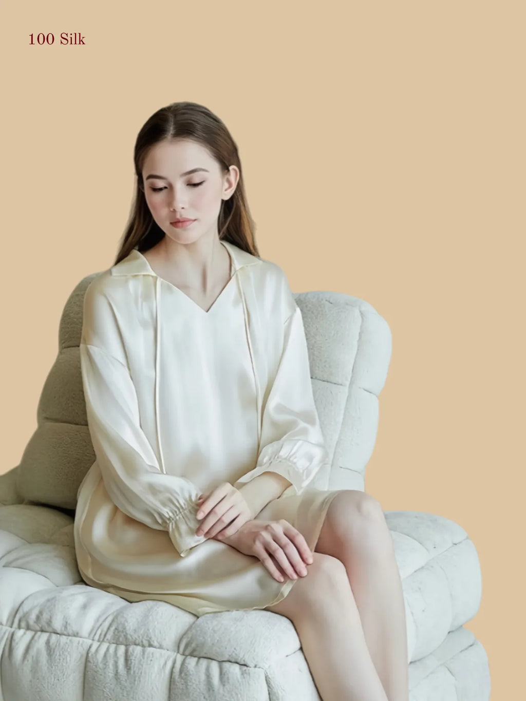 Off-white 16mm silk sleep dress seated view with short relaxed silhouette