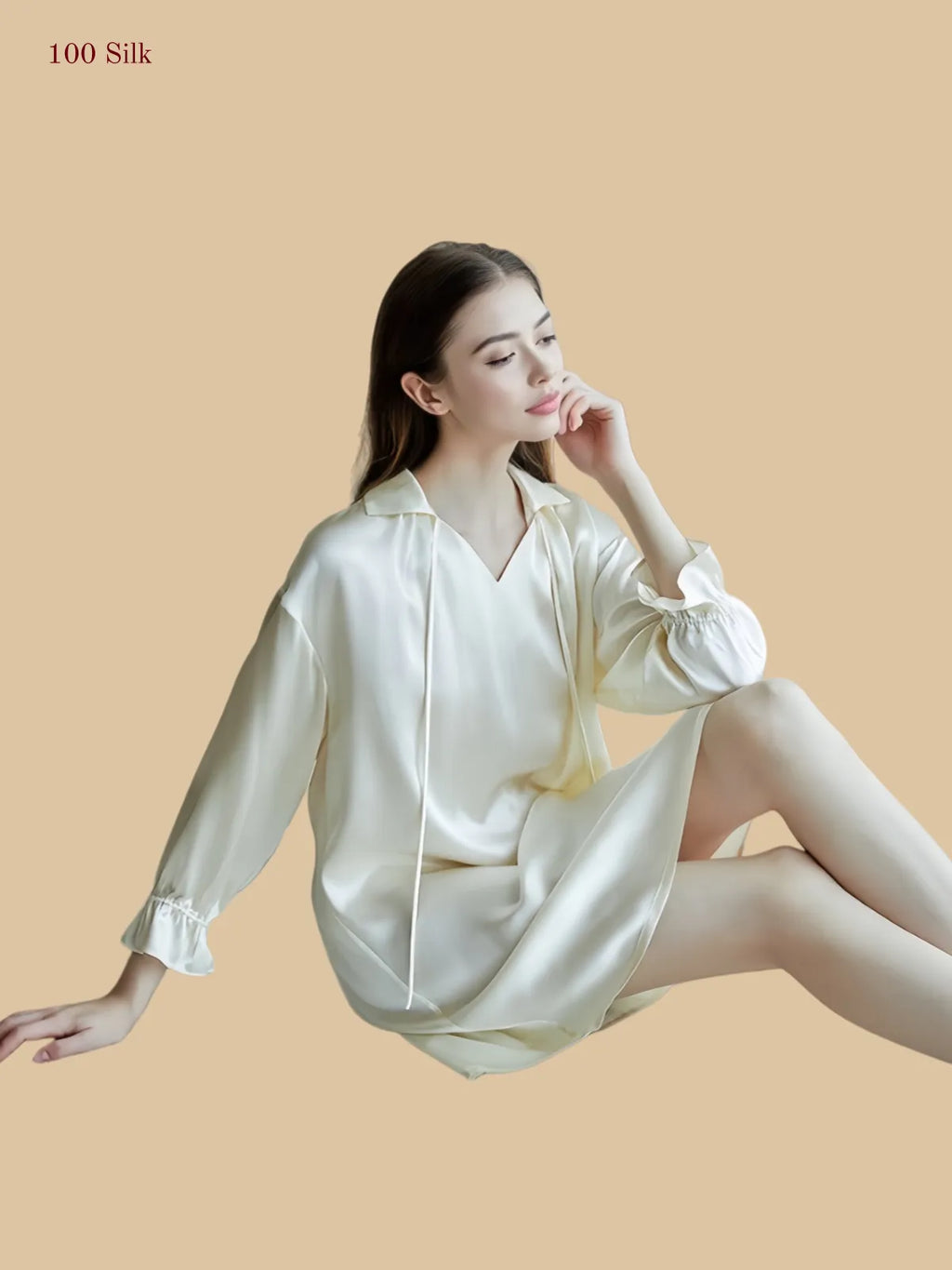 Off-white 16mm silk sleep dress seated view with short relaxed silhouette