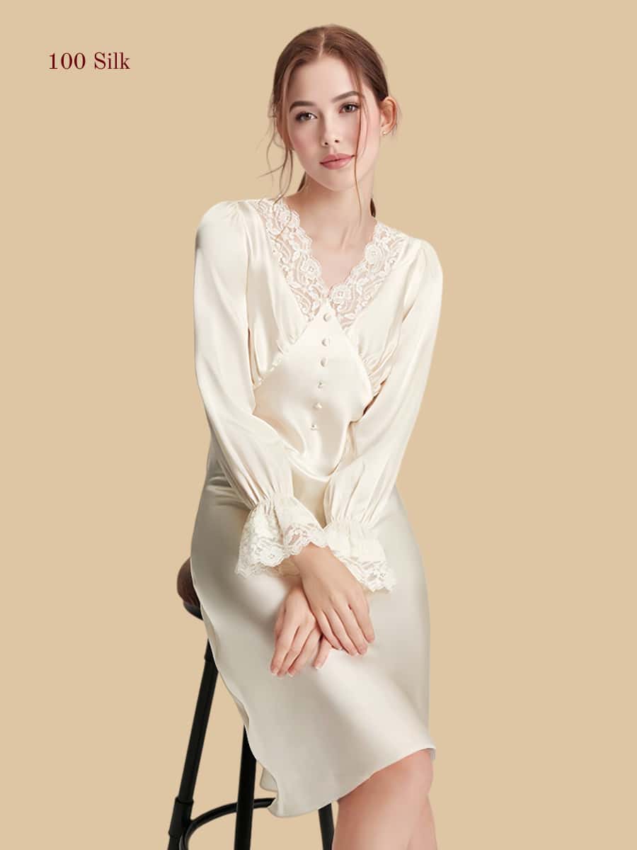 Women's Patchwork Long Silk Nightgown With Sleeves