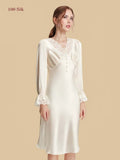 White 19mm patchwork lace nightdress front view with lace neckline and buttoned empire bodice