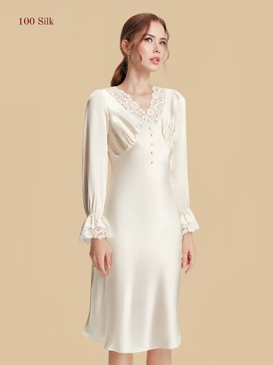 Women's Patchwork Long Silk Nightgown With Sleeves