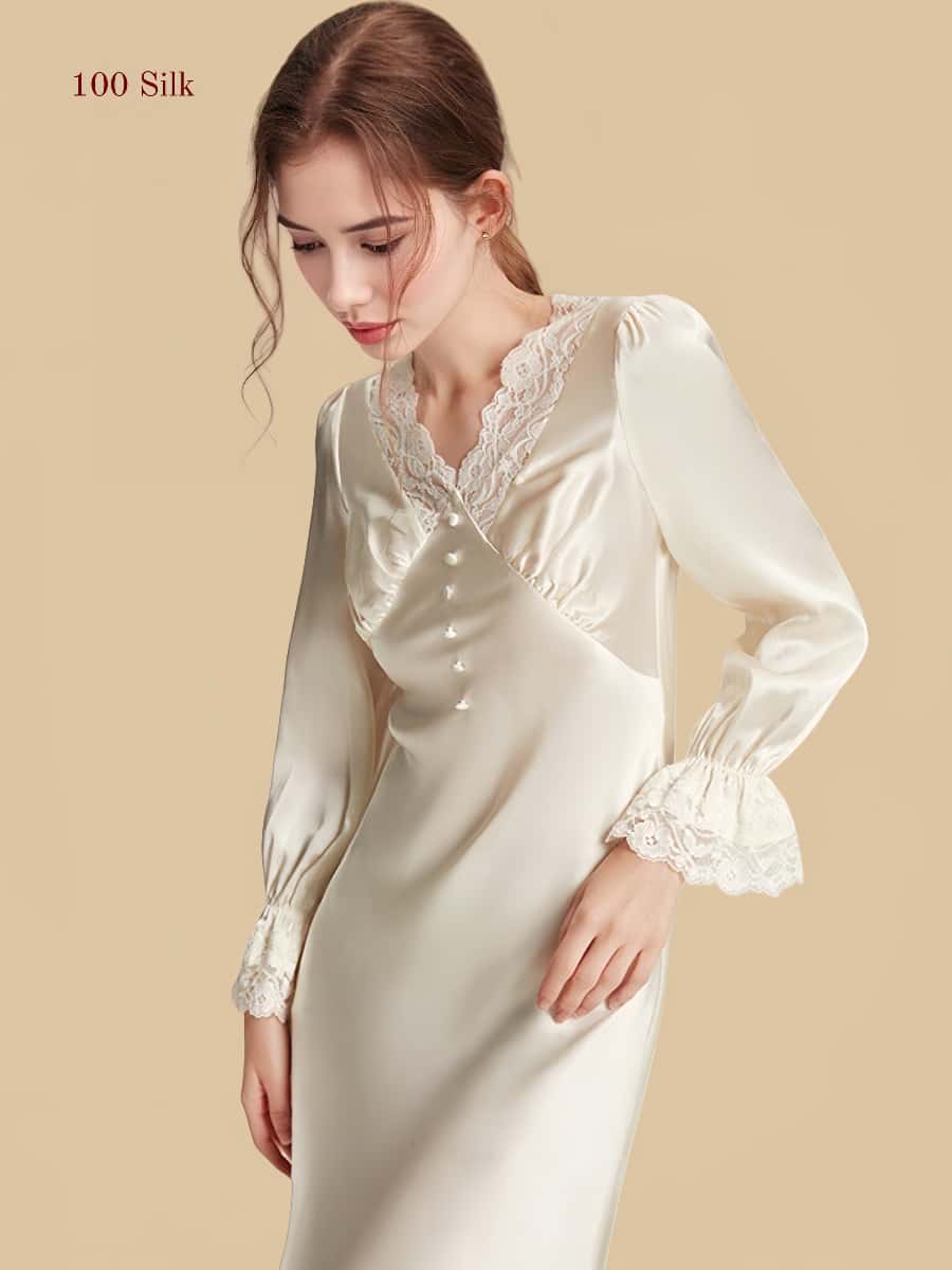 Women's Patchwork Long Silk Nightgown With Sleeves