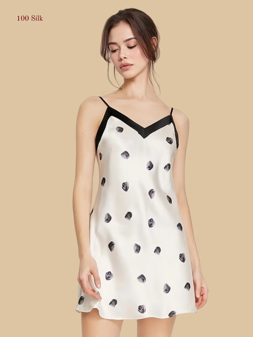 Main Collection Image: Silkgala 16mm silk mini slip dress with hand-drawn grey polka dots and black V-neck trim