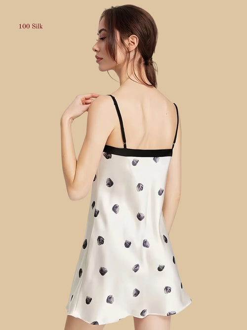 Rear view of the polka dot silk nightgown showing the sexy square low back and black straps.