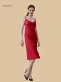 Front view of 19 momme silk cowl neck slip dress in red