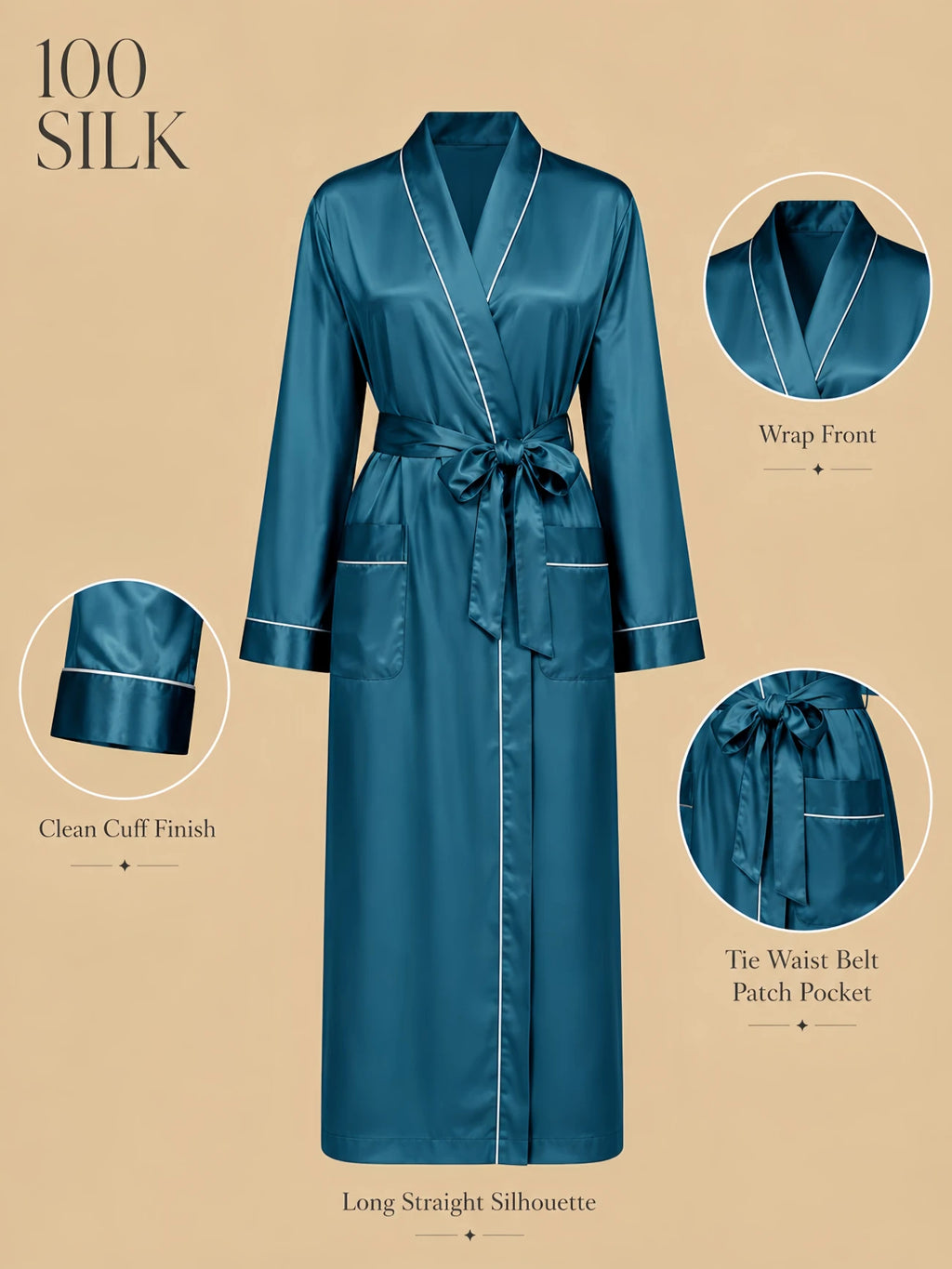Silkgala 19mm 100% mulberry silk long dressing gown detail image showing a wrap-front neckline, self-tie waist belt, contrast piping at the collar, cuffs, and patch pockets, and a long straight silk silhouette.