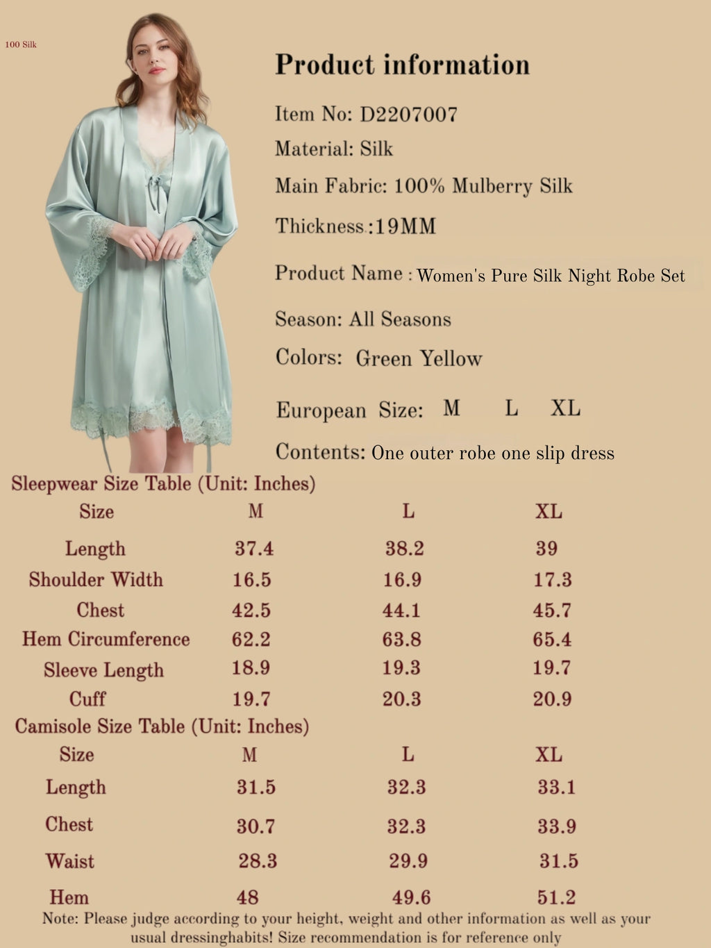 Women's Pure Silk Night Robe Set