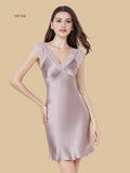 Dusty Rose silk dress with wide lace shoulder panels front view