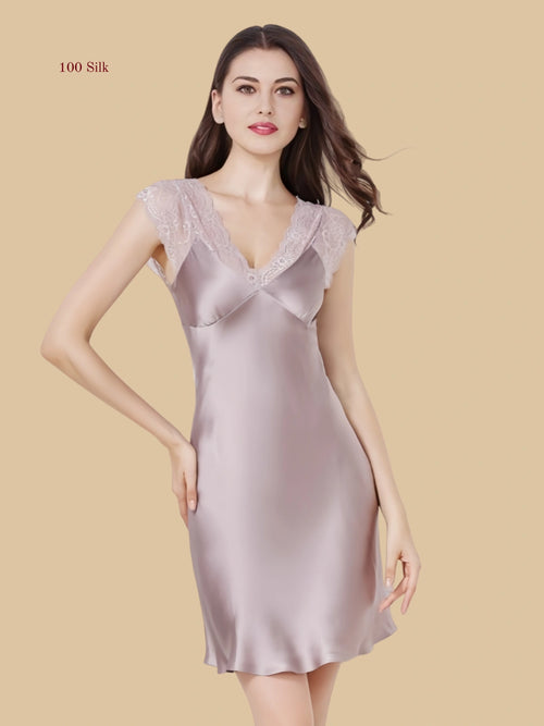 Dusty Rose silk dress with wide lace shoulder panels front view