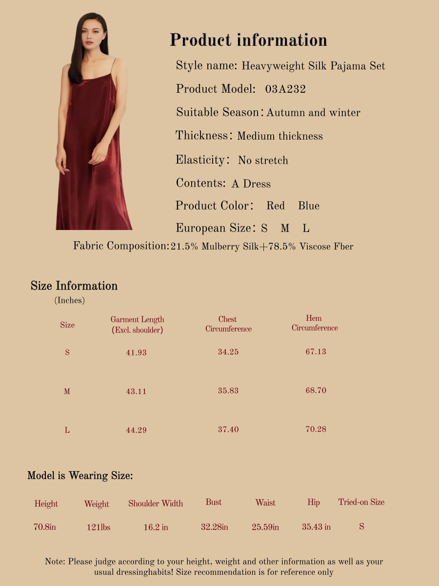 Size Chart for Women's Heavyweight Winter Silk Blend Maxi Dress with slit height details | Silkgala