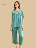 Peacock blue 19mm capri pajamas front view with lace round yoke, gathered front, and cropped pants
