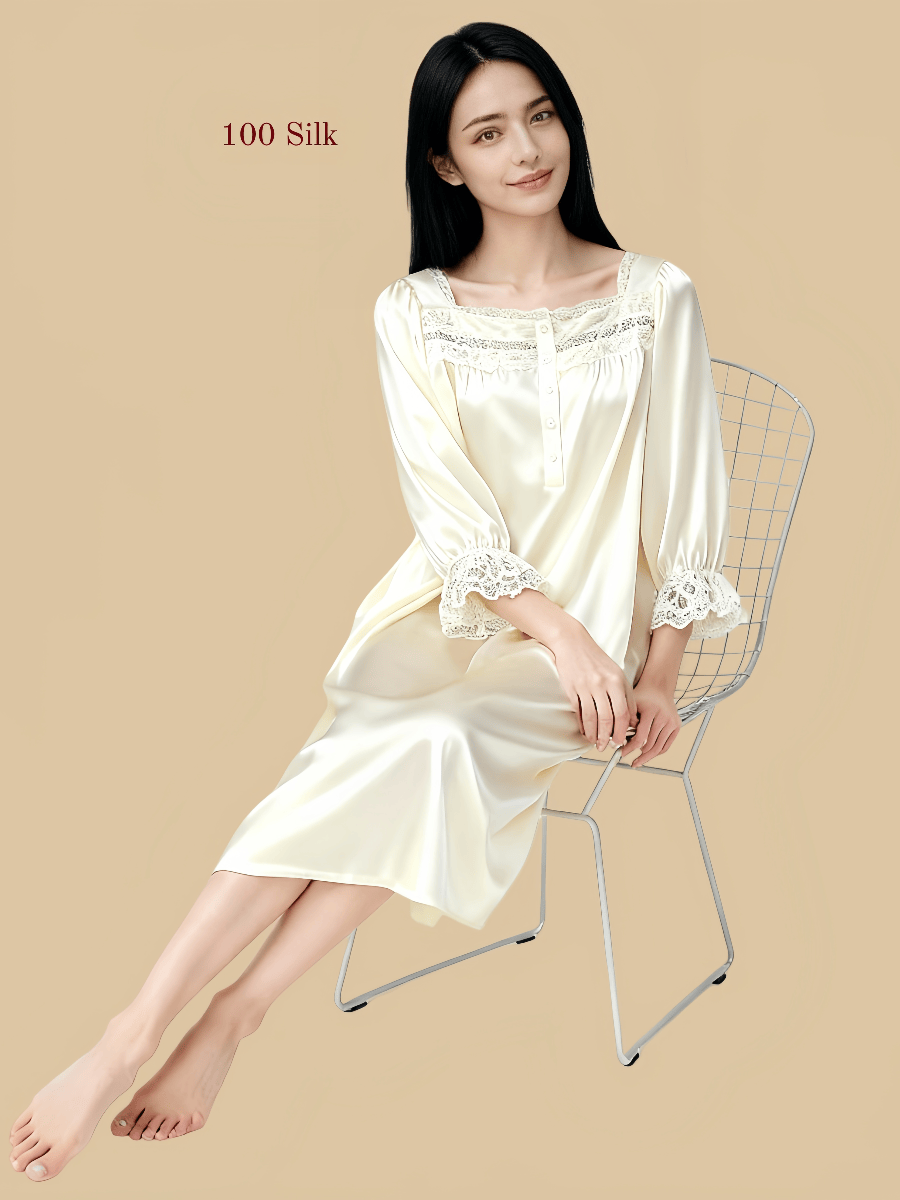 Front view of White 16MM Square Neck Silk Nightdress with French-style Lace Detailing | Silkgala