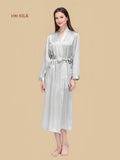 Silver gray 19mm long silk dressing gown front view with tie waist and patch