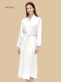White 19mm long silk dressing gown front view with tie waist and patch pocket