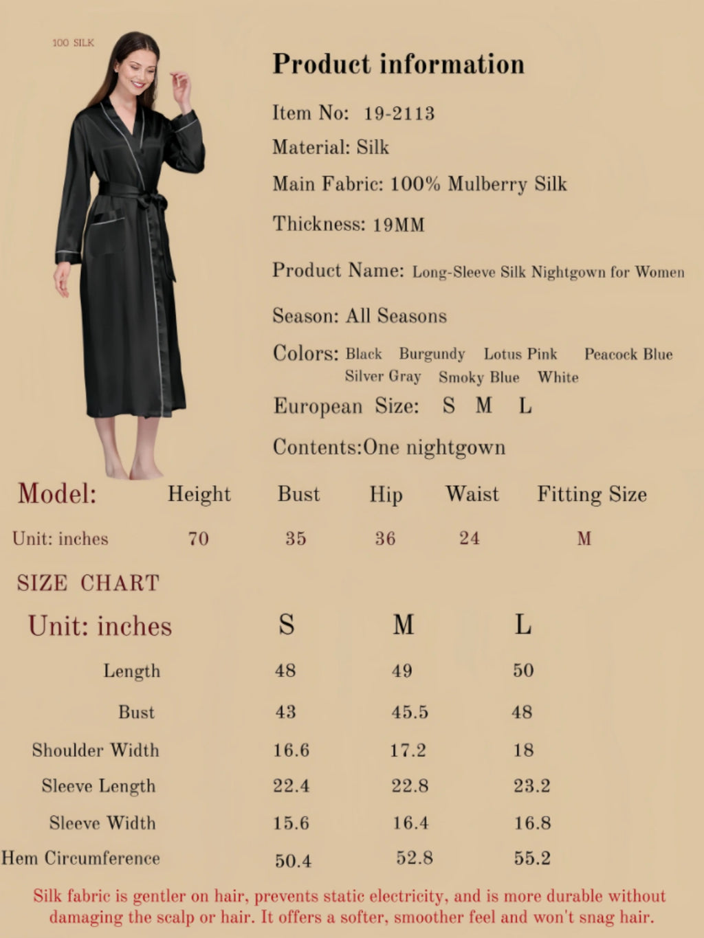 Women's long-sleeved silk nightgown