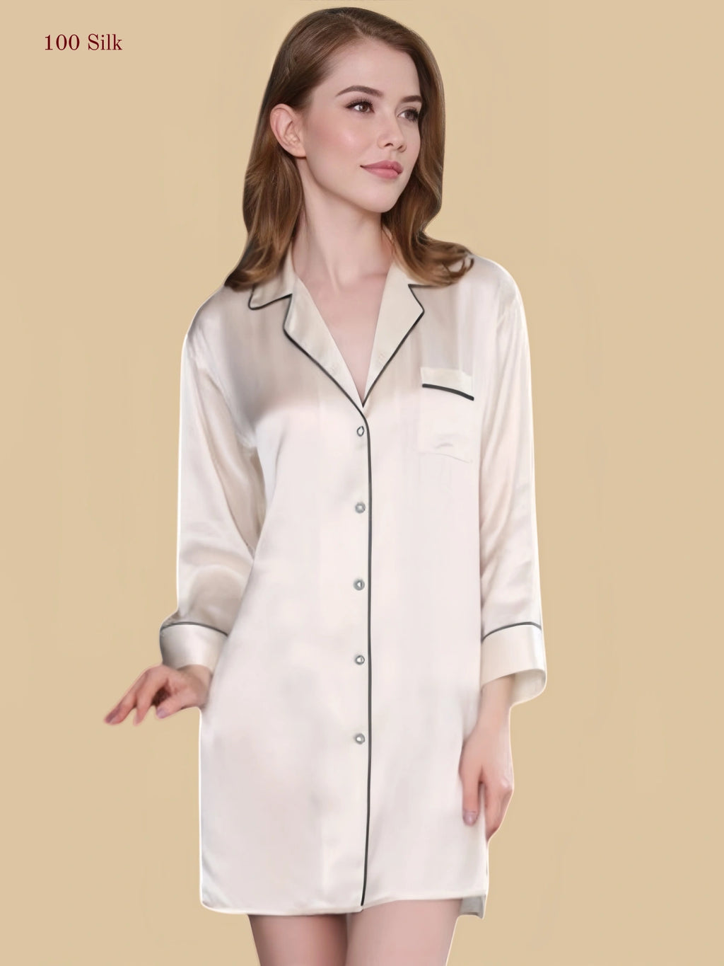 Women's shirt style Long Sleeve Silk Nightgown