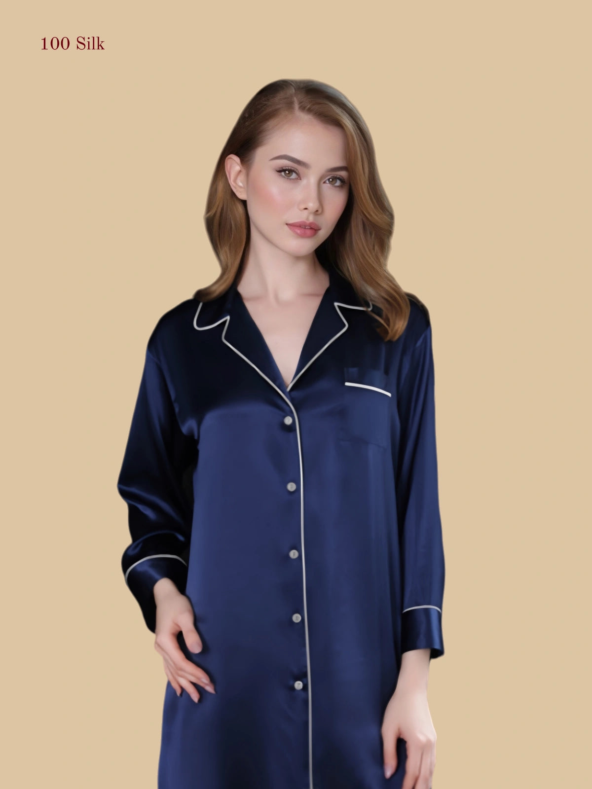 Women's shirt style Long Sleeve Silk Nightgown