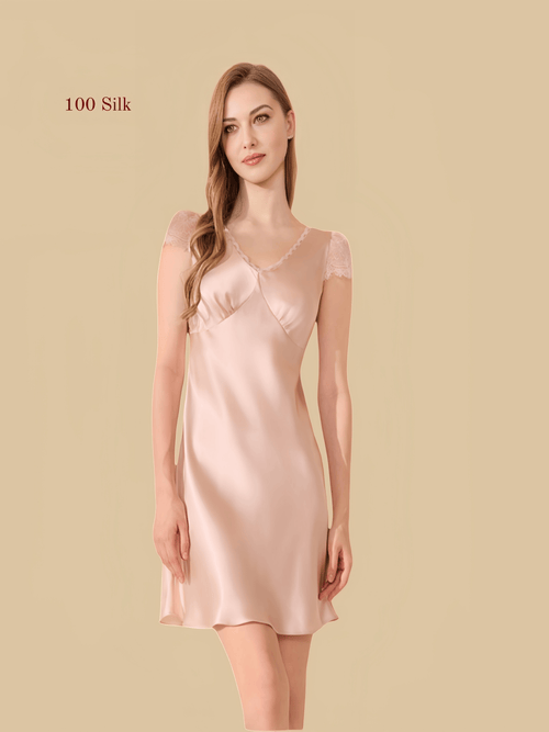 16mm lace-shoulder nightgown with wrap bust front view