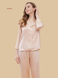 Champagne pink 19mm embroidered-collar pajamas front view with three-quarter sleeves and matching pants