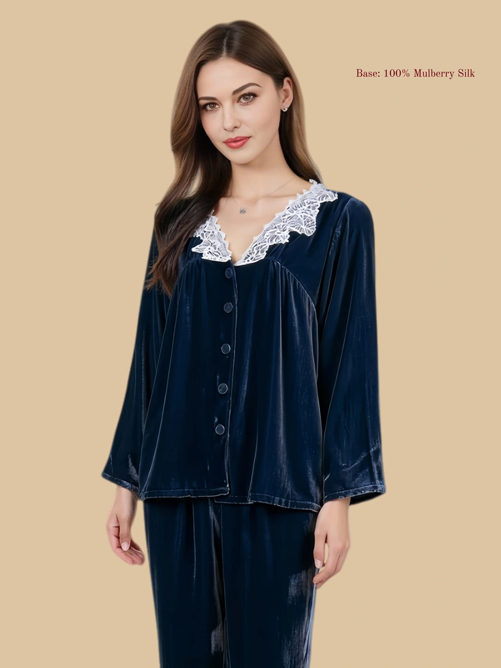Navy velvet button-front set close view with soft lace V neck and front button placket