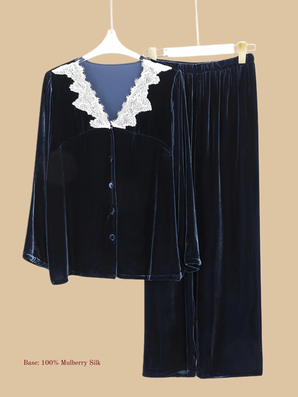 Navy velvet button-front set relaxed indoor look with long sleeves and straight pants