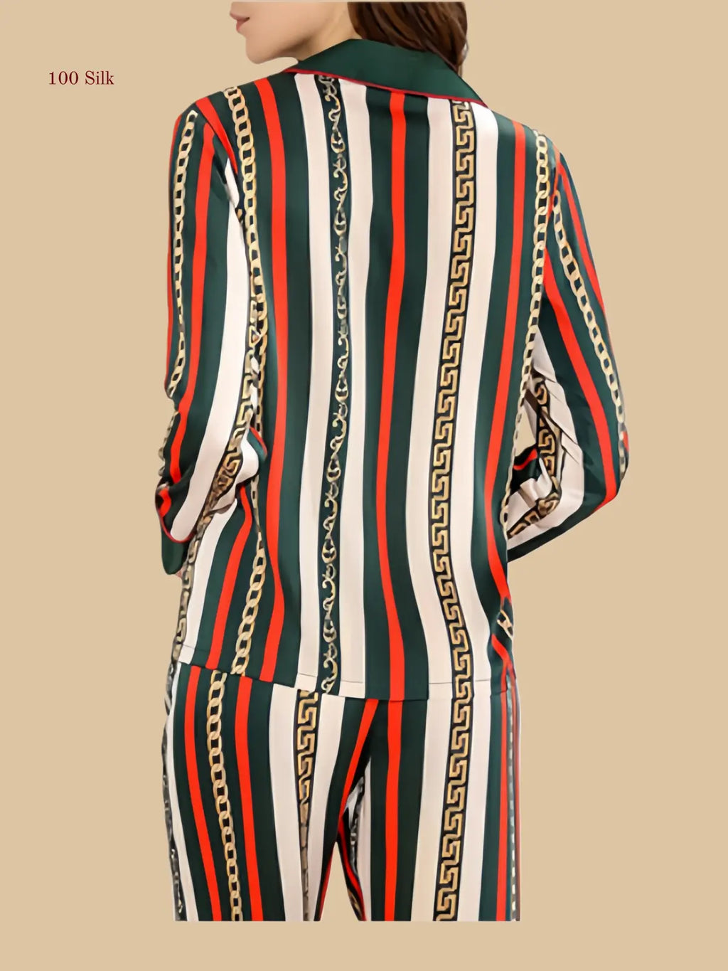 Vintage Jacquard Apricot 19mm printed pajama set back view with all-over vertical stripe print and full-length pants