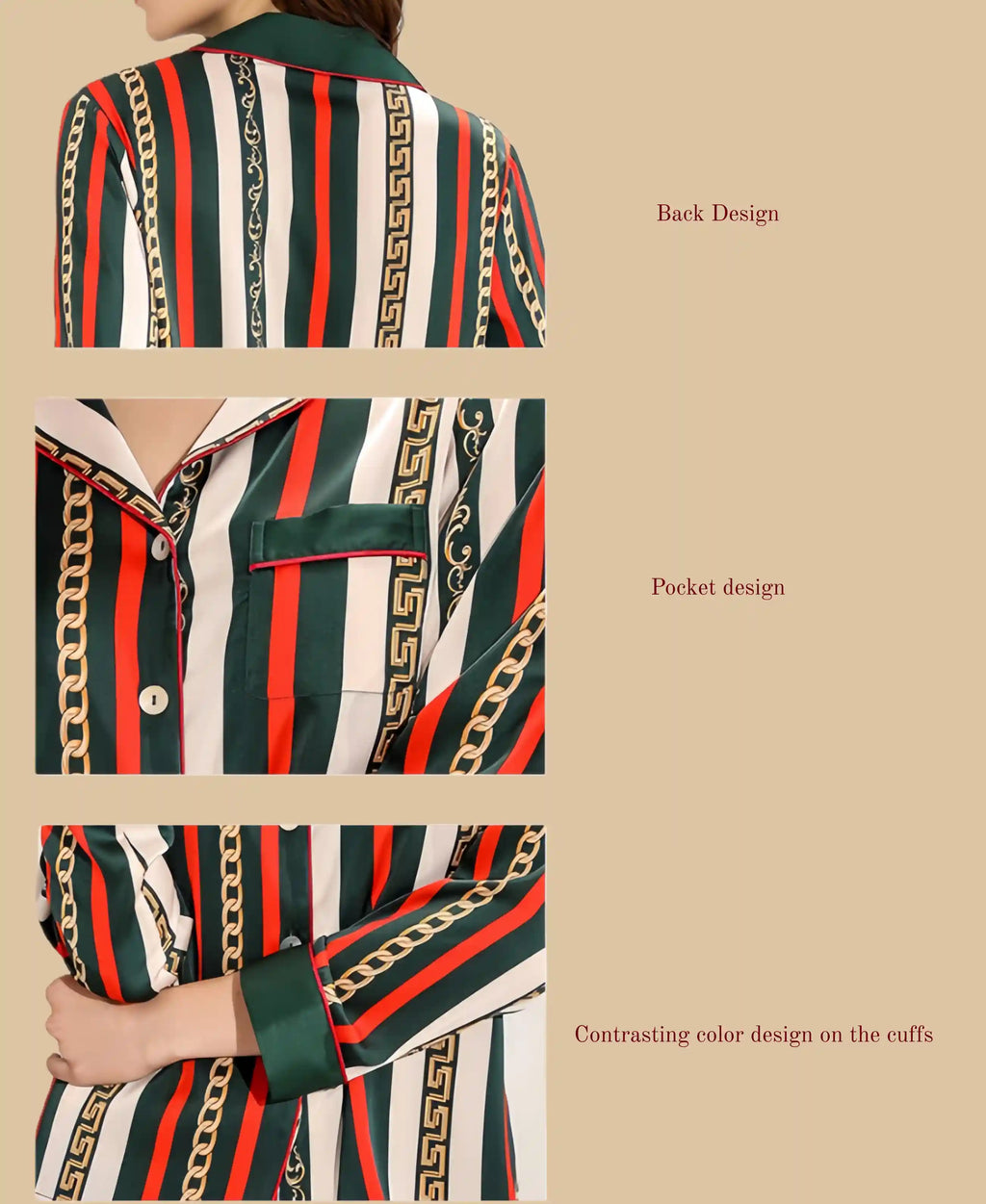 Detail view of printed pajama set showing contrast chest pocket and chain-stripe pattern