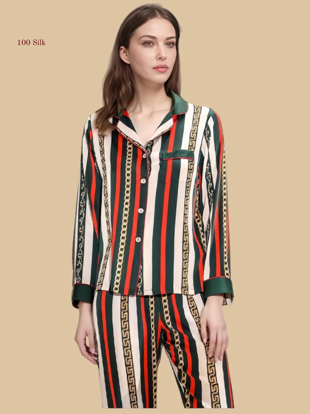 Vintage Jacquard Apricot 19mm printed pajama set front view with chain-stripe pattern and contrast lapel collar