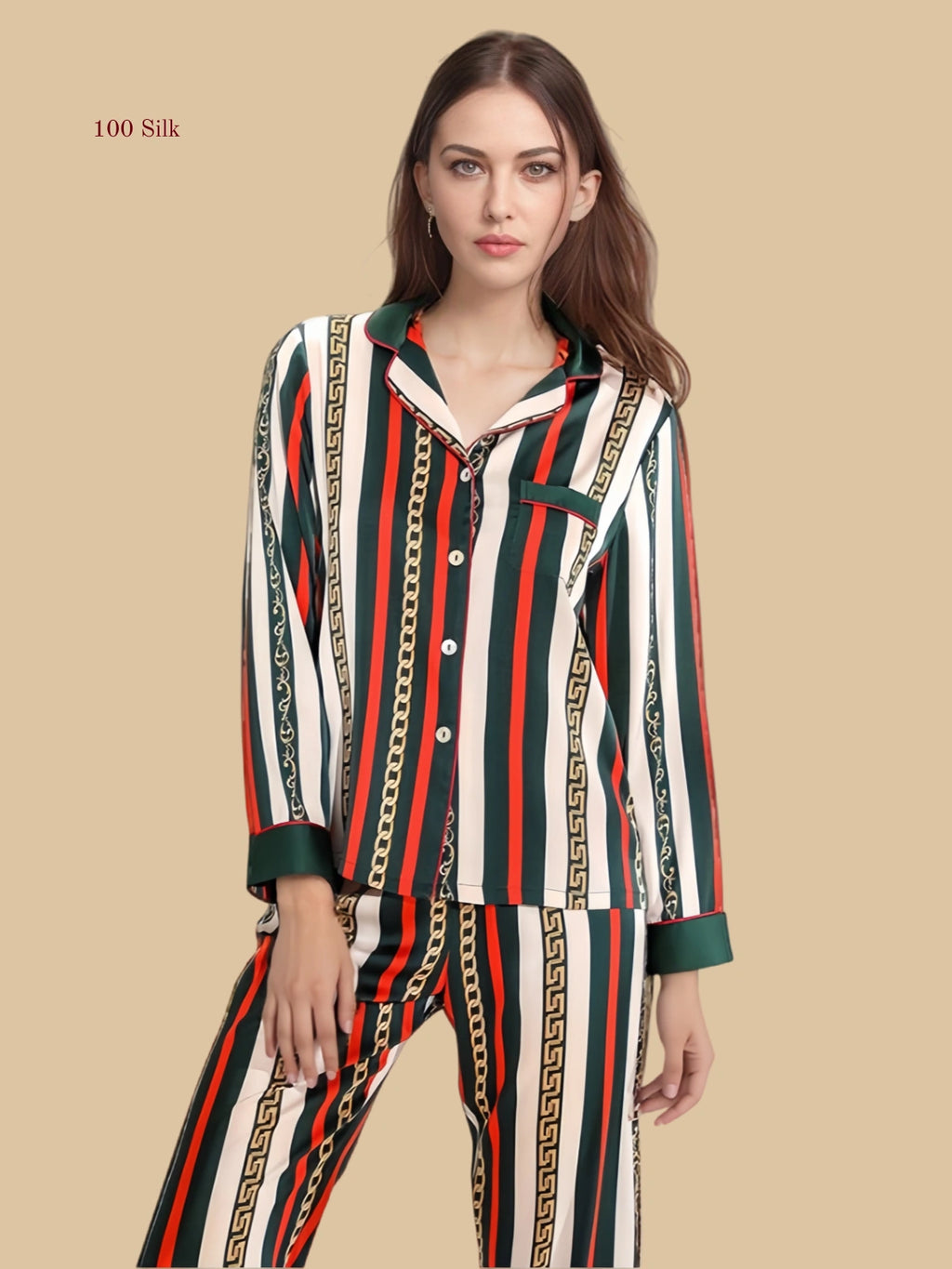 Vintage Jacquard Apricot 19mm printed pajama set front view with chain-stripe pattern and contrast lapel collar