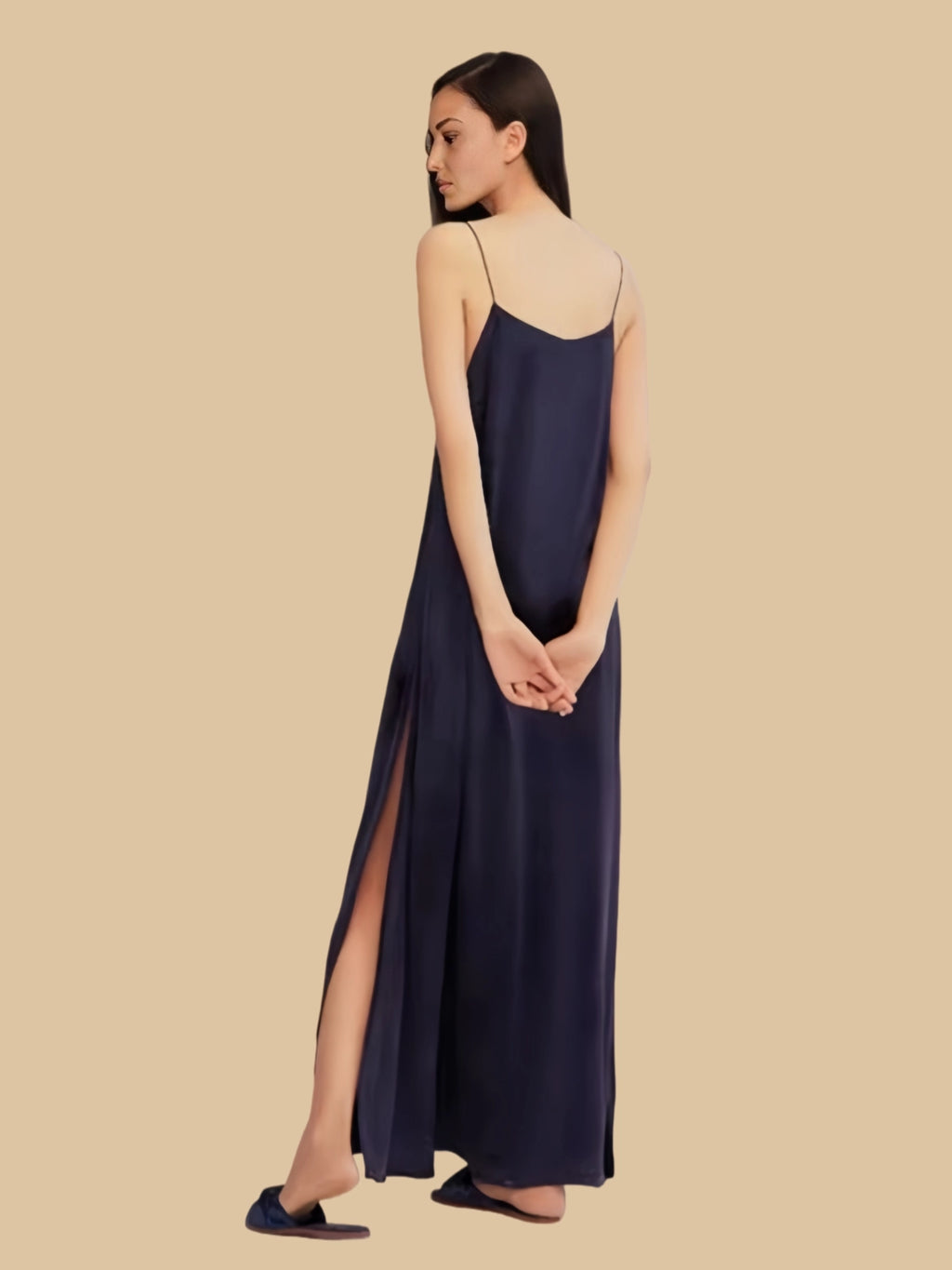 Deep Blue winter silk blend maxi dress featuring a high side slit and heavy velvet-like drape | Silkgala