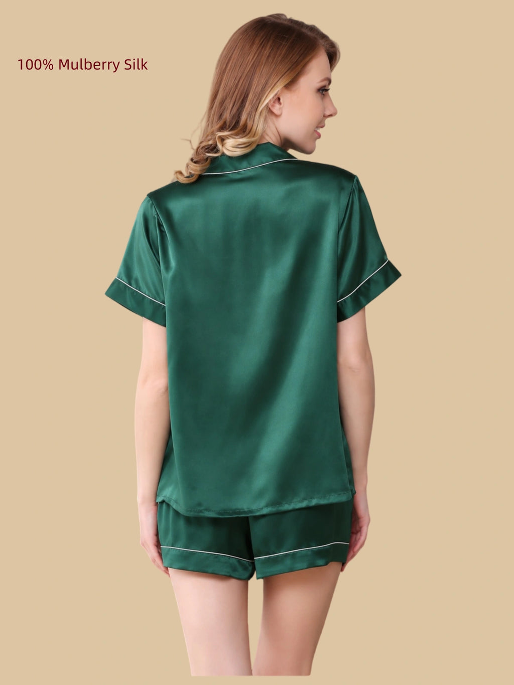Back view of a green 16 Momme mulberry silk shirt and shorts pajama set