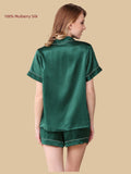 Back view of a green 16 Momme mulberry silk shirt and shorts pajama set