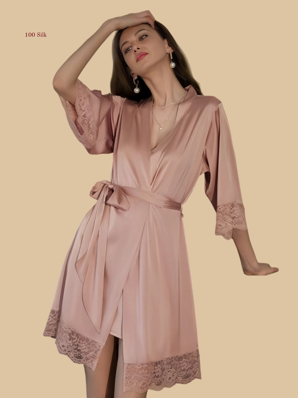 Bean paste pink 19mm silk wrap robe front view with lace-trim cuffs and hem