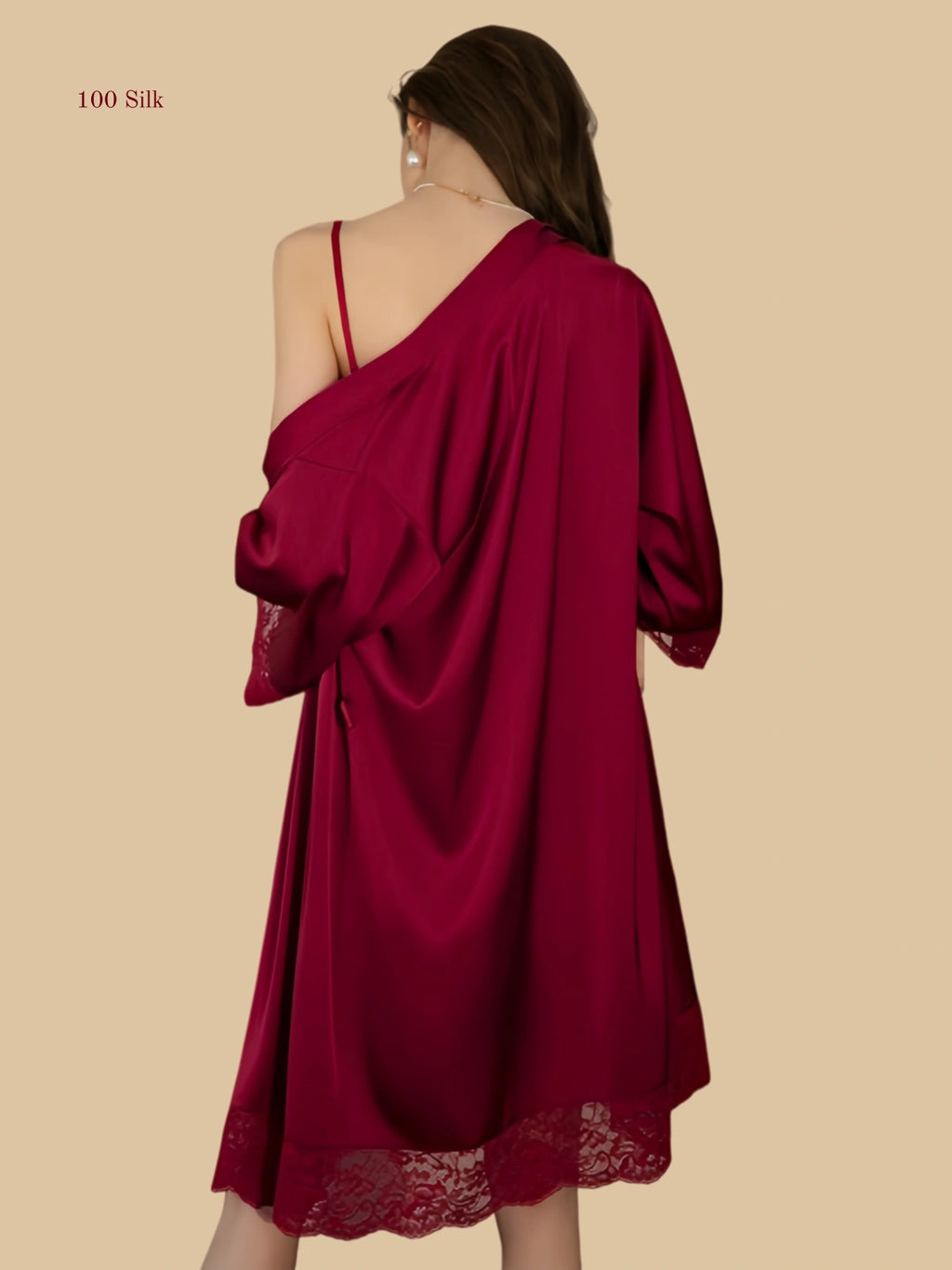 Burgundy 19mm silk layered set back view with lace-trim wrap robe and matching slip dress