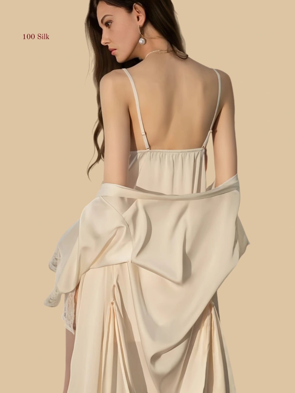 off-white 19mm silk layered set back view with lace-trim wrap robe and matching slip dress