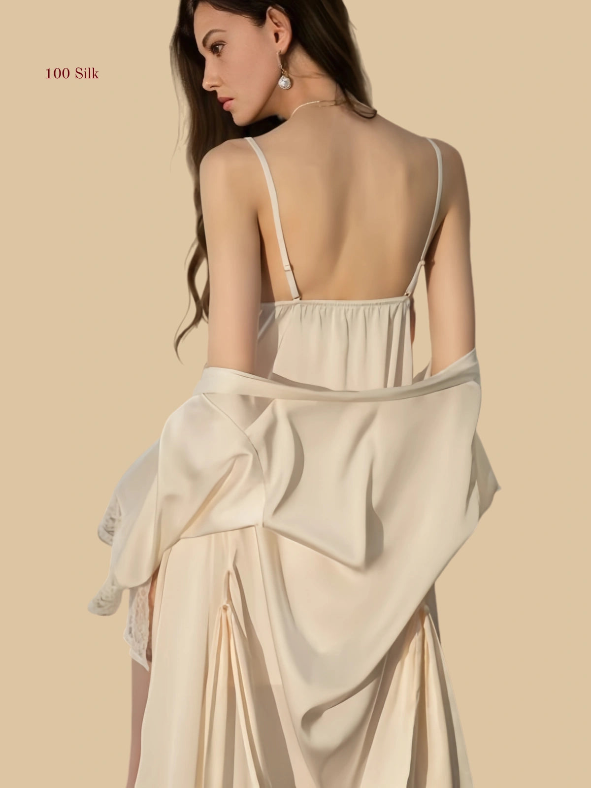off-white 19mm silk layered set back view with lace-trim wrap robe and matching slip dress