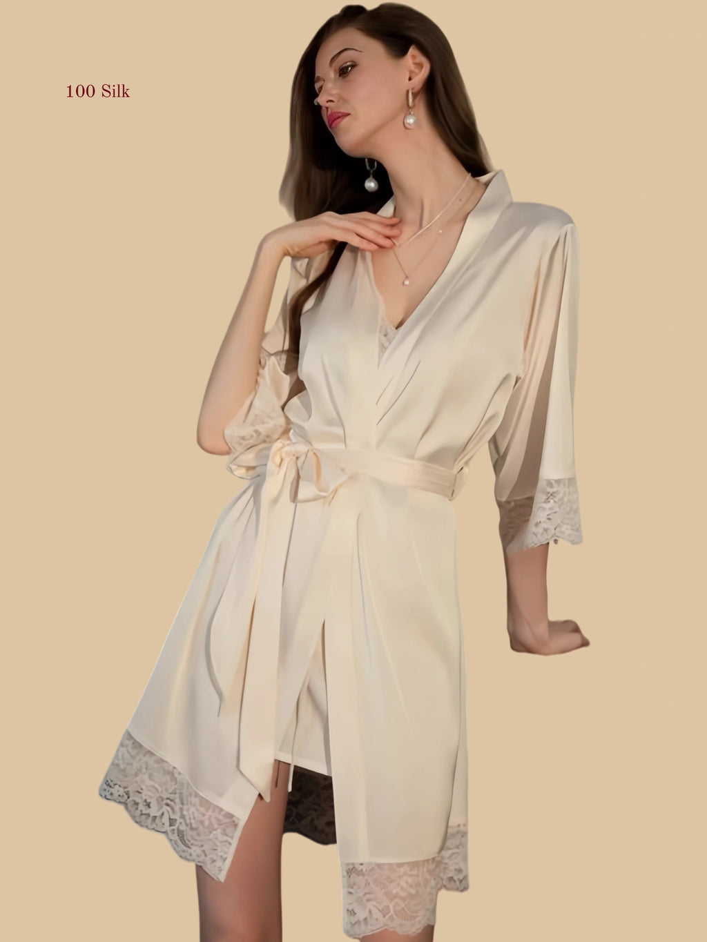 off-white 19mm silk layered set front view with lace-trim wrap robe and matching slip dress