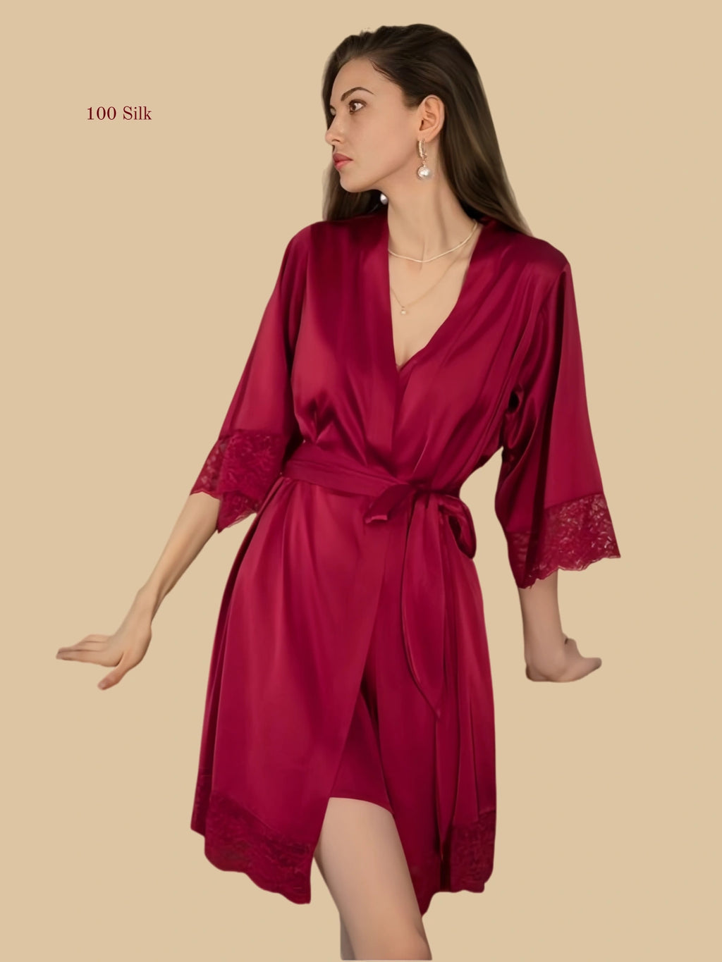 Burgundy 19mm silk layered set front view with lace-trim wrap robe and matching slip dress