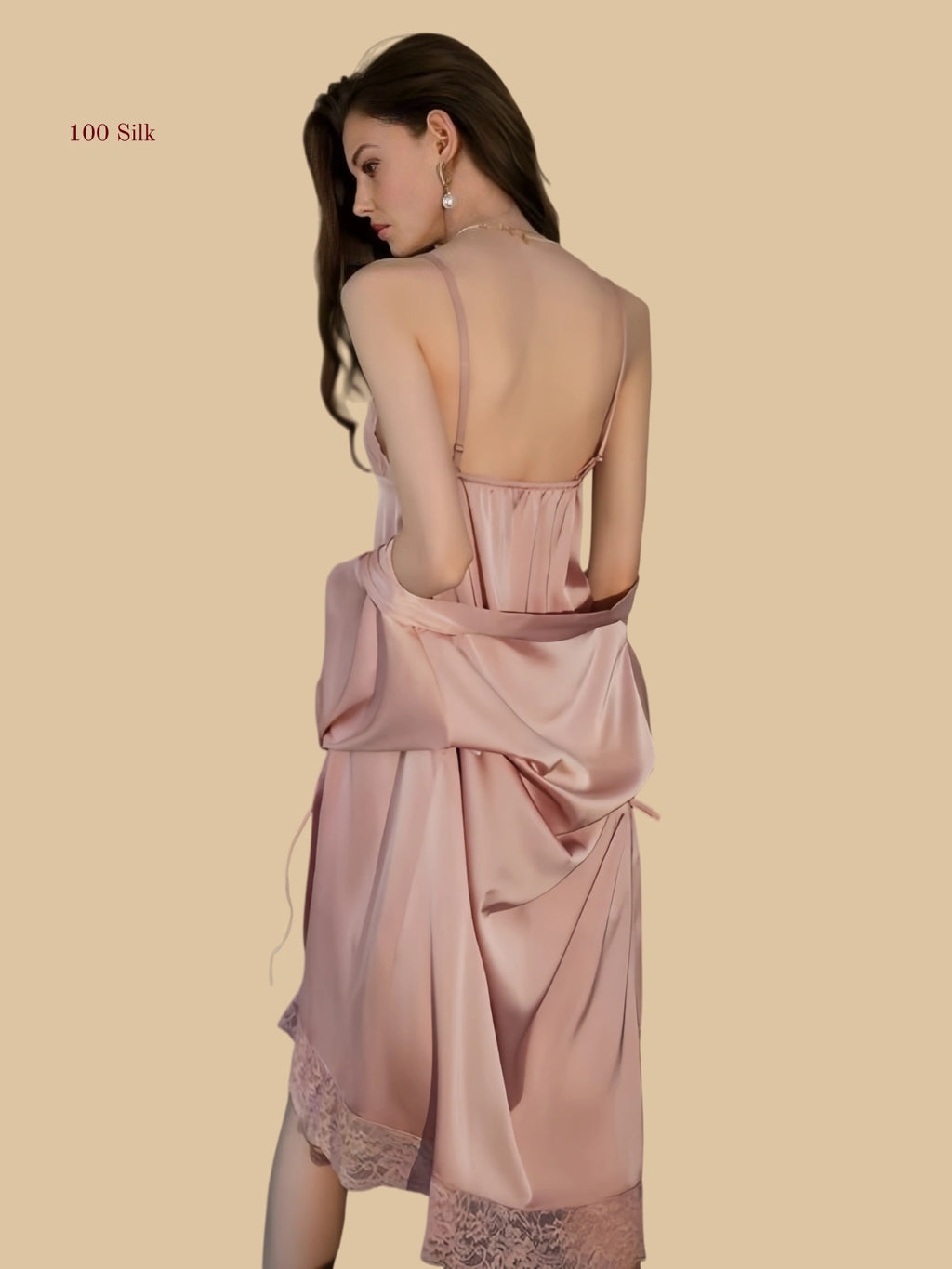 Bean paste pink 19mm silk layered set back view with lace-trim wrap robe and matching slip dress