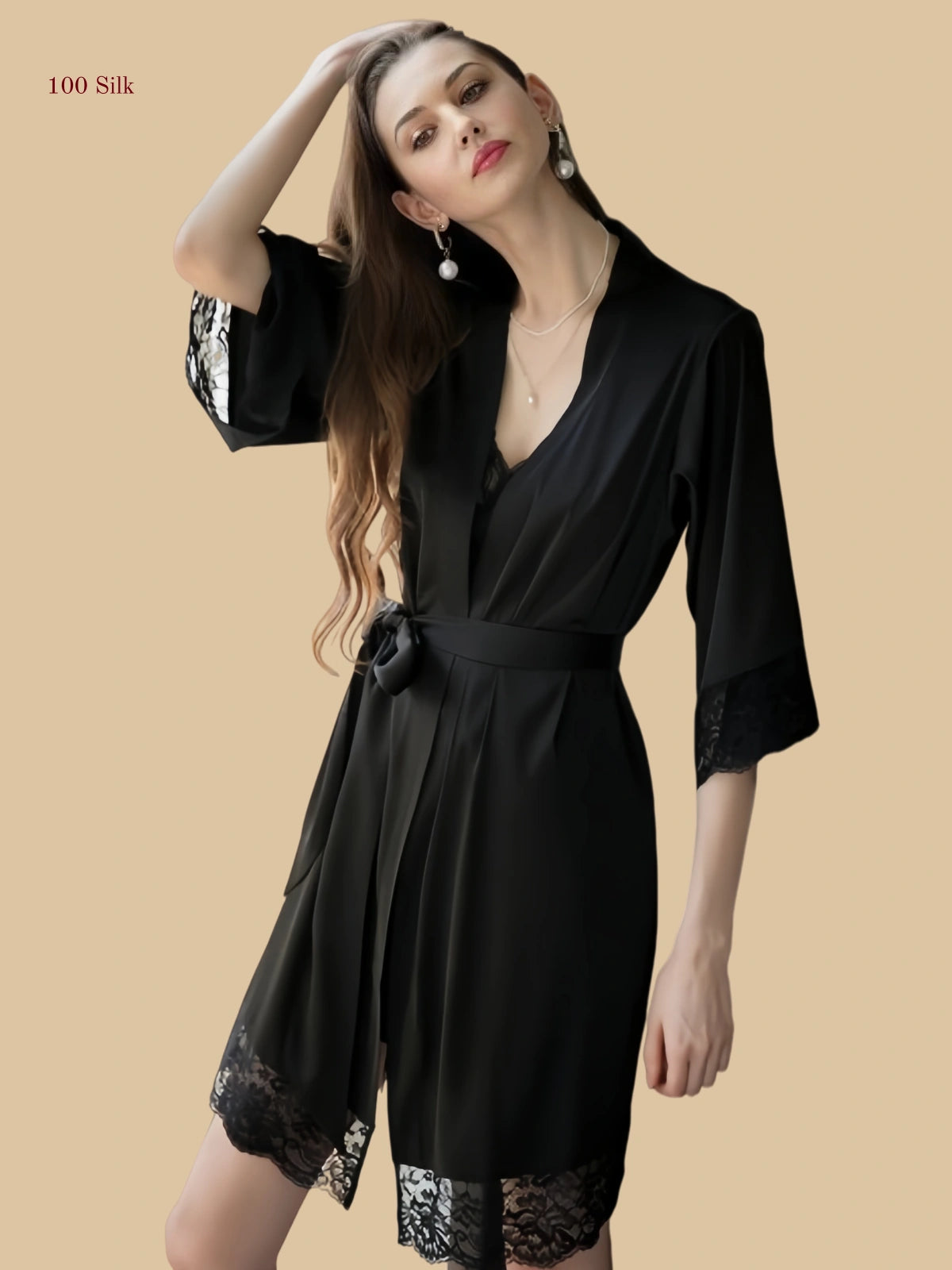 Back 19mm silk layered set front view with lace-trim wrap robe and matching slip dress