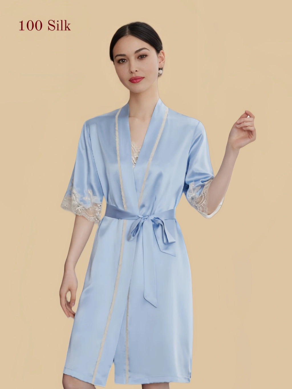 Back view of light blue silk lace chemise with coordinating tie-waist robe