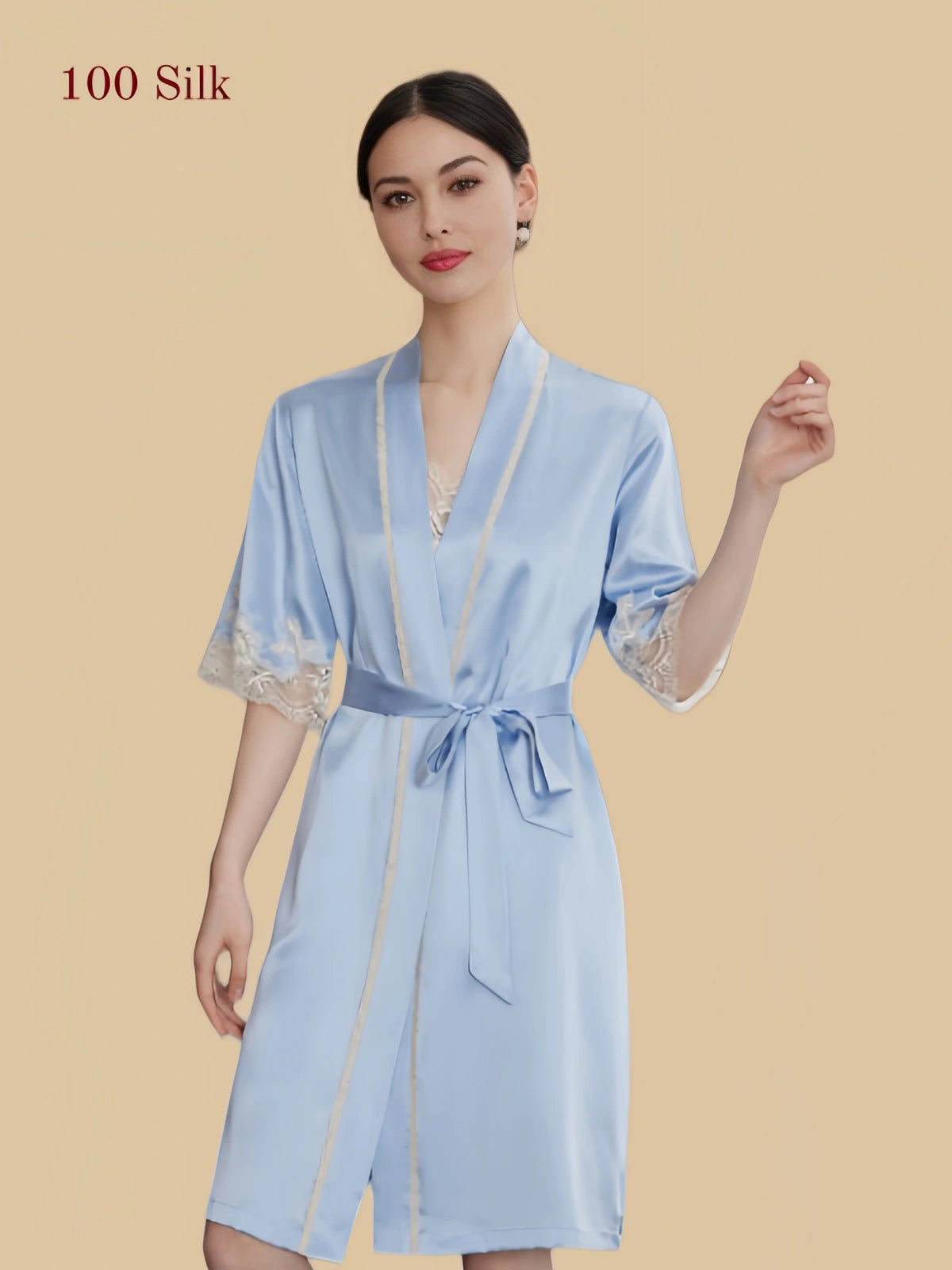 Back view of light blue silk lace chemise with coordinating tie-waist robe