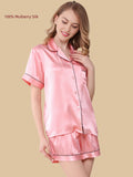 Front three-quarter view of a pink 16 Momme mulberry silk short pajama set