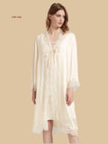 Beige 19mm silk layered lounge set front view with lace-trim front-tie outer layer and matching slip