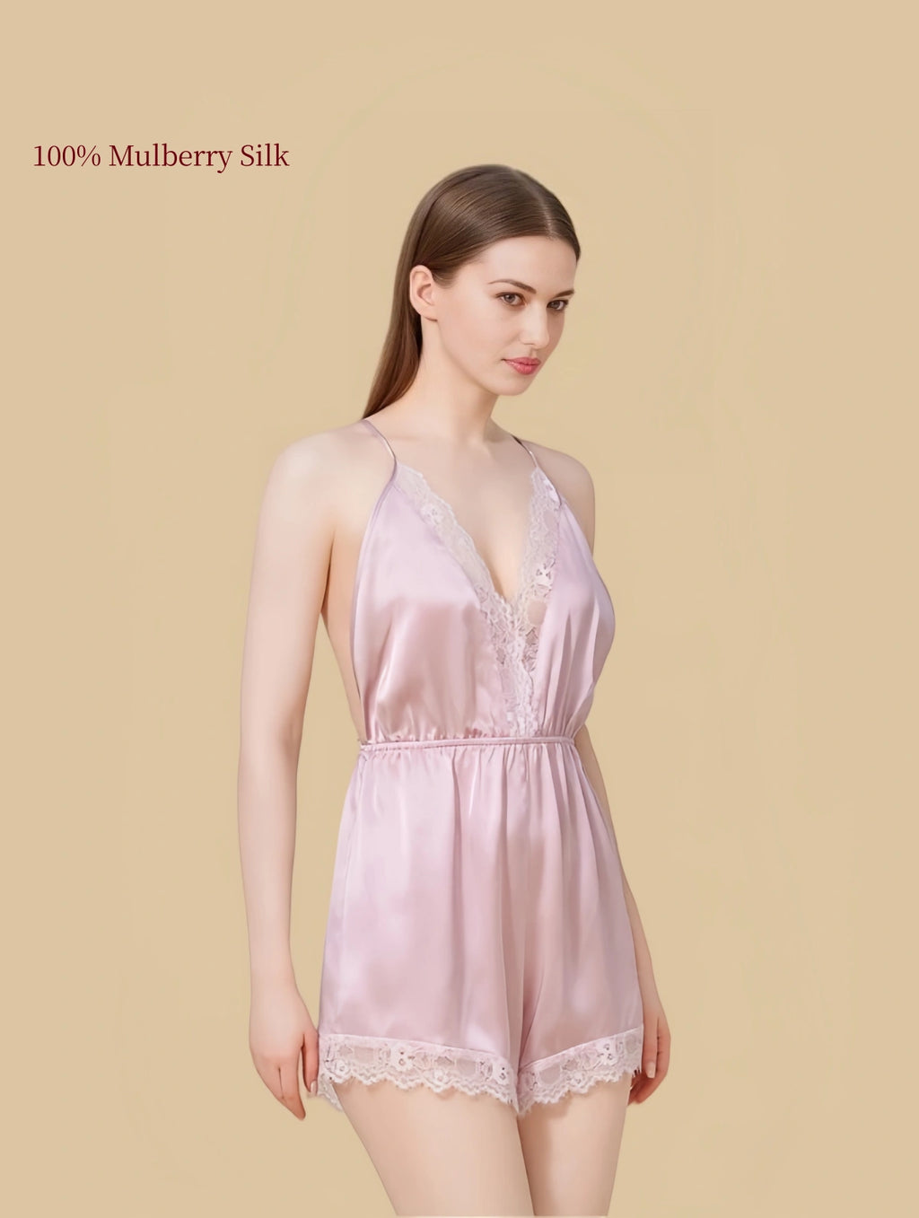SILKGALA Cherry Blossom Pink silk romper with a lace V-neck and adjustable shoulder straps