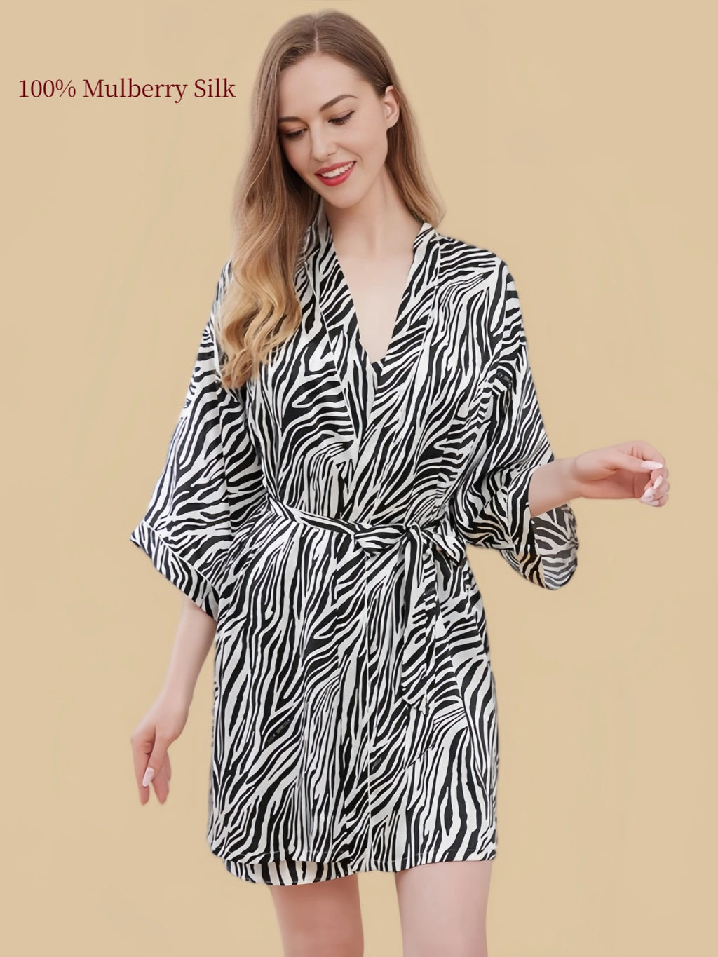 Black-and-white zebra print mulberry silk cami and robe set featuring a coordinated stripe pattern and relaxed wrap robe.