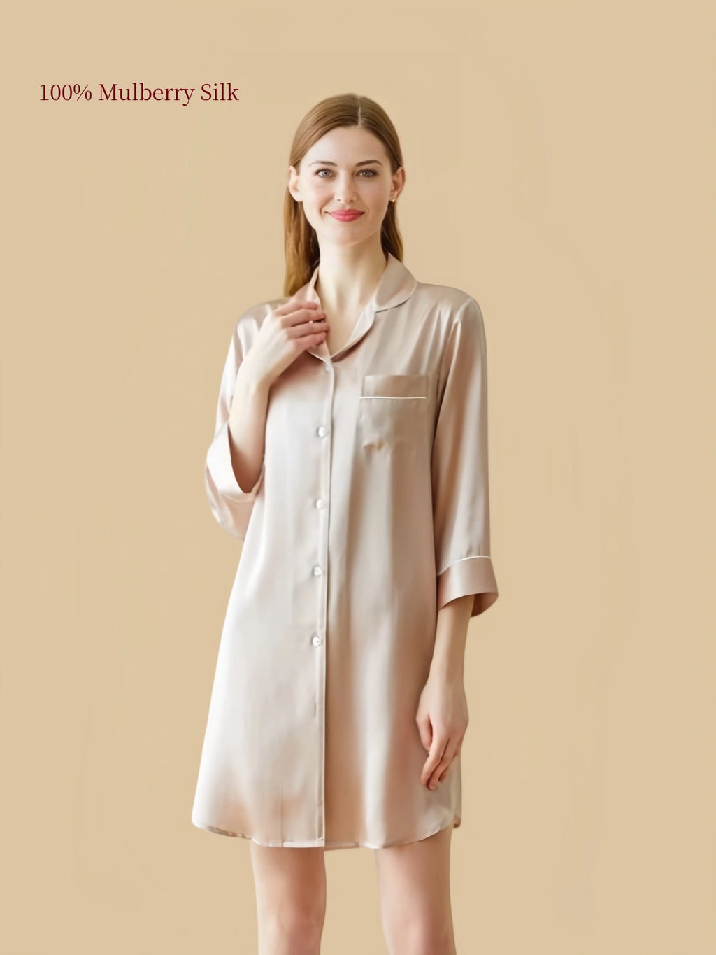 Silkgala 16mm Champagne Beige silk nightshirt front view
