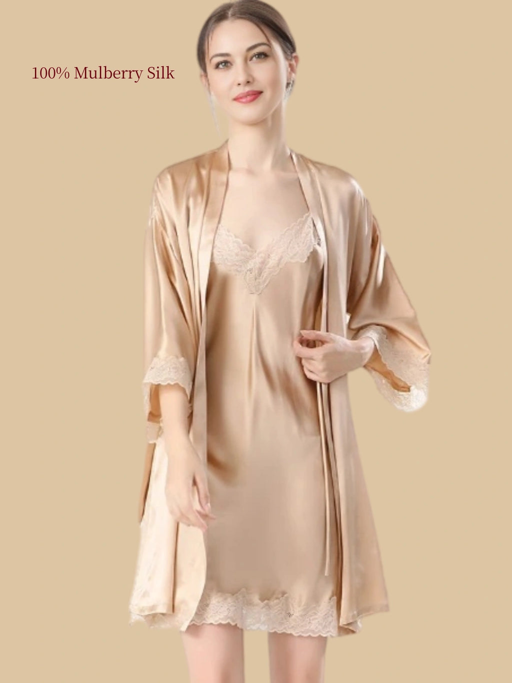 Champagne Gold mulberry silk slip dress and matching open-front robe featuring floral lace at the neckline, sleeves and hem.